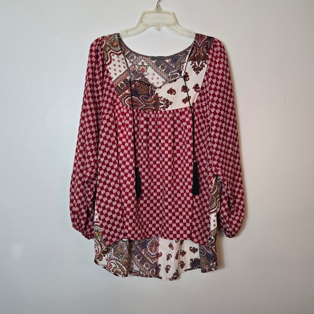 West Kei Womens Red Mixed Paisley Print Tassel Peasant Blouse Long Sleeve Top